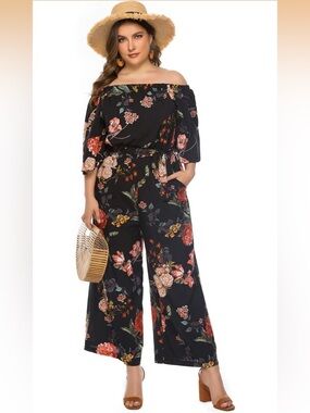 Off-Shoulder Floral Jumpsuit Romper Black with Red & Cream Blooms Plus Size 2XL